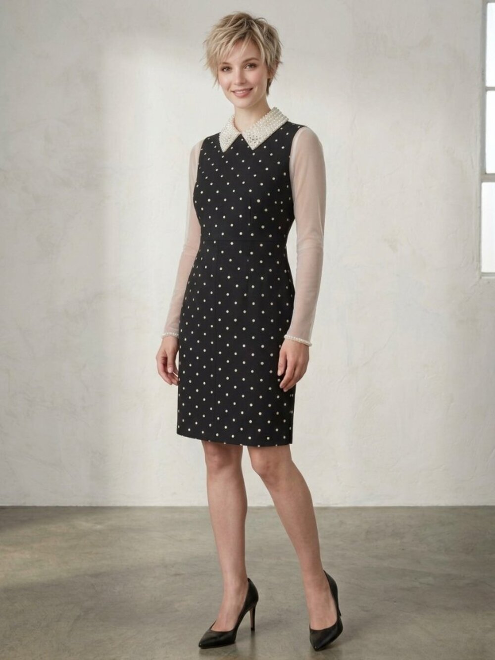 Vintage Talbots Petites Black Embroidered Silk Dress Polka Dot Minimal - 10P